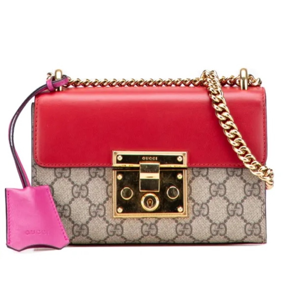 ‼️AUTHENTIC Gucci Padlock GG Supreme Red Pink Leather Crossbody Bag